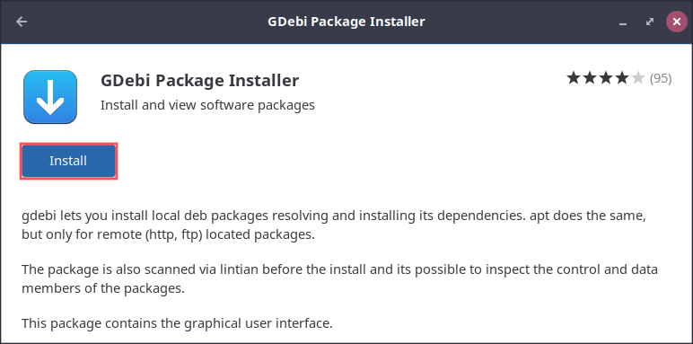 Screenshot that shows how to install the GDebi program using the Gnome Software application.