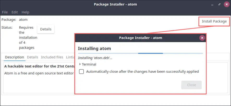 GDebi screenshot that shows how to manually install the Atom editor DEB package.