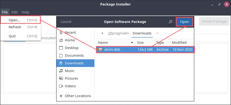 GDebi screenshot that shows how to open a DEB package.