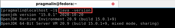 Terminal screenshot that show the output of command "java -version". You can run this command to determine if Java is currently installed on your Linux system.