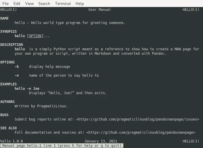 Screenshot of what the final MAN page for the hello.py Python script looks like. 