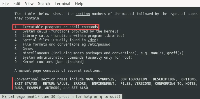 Shows the MAN page of the actual man command. Here you can find an overview of the available section numbers for MAN pages. Additionally, you can find a list of conventional section names typically found in the contents of a MAN page.