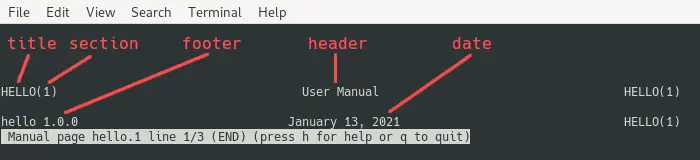 Screenshot that shows how the previously presented frontmatter converts into a MAN page framework, with the help of Pandoc. 