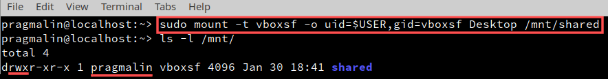 Terminal screenshot that shows how to manually mount the shared folder inside the VirtualBox guest OS.