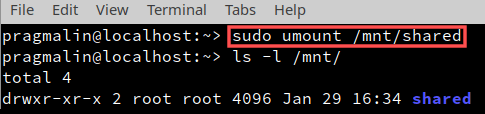 Terminal screenshot that shows how to manually unmount a shared folder.