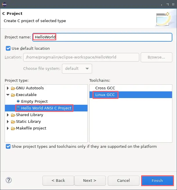 Second screen of the Eclipse new project creation wizard. On this screen you can select the project name, type and toolchain.