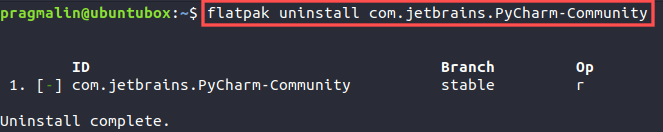 Terminal screenshot that shows how to remove and uninstall a Flatpak, which was previously installed from Flathub.