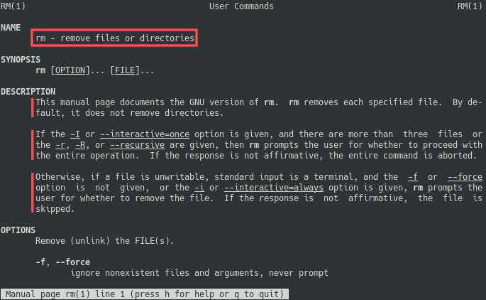 Shows the MAN page of the RM command. Its purpose is to give you an idea of what a MAN page is and what it looks like.