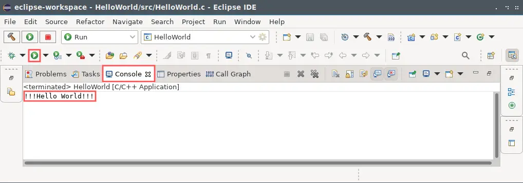 Eclipse CDT screenshot that shows which toolbar button to press to run the program. It also highlights the console window, where Eclipse CDT write program output to.