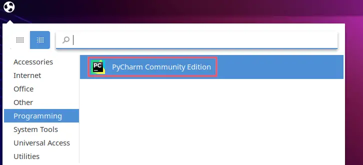 Screenshot of the application menu in the Budgie desktop environment. It highlights that the Flatpak installation automatically created an application launcher. In this case for the PyCharm Community Edition.
