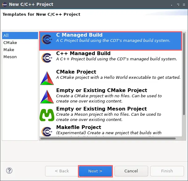 Screenshot of the Eclipse new project creation wizard. It shows the first screen where you select a project template. In this case I selected "C Managed Build" as the template.