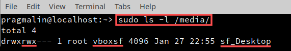 Terminal screenshot that shows the shared folder owner and permissions. Here you can see that you need to either be the root user or be part of the vboxsf group. Otherwise you cannot access the shared folder.