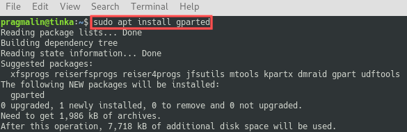 Terminal screenshot that shows you how to install GParted on Debian and Ubuntu.