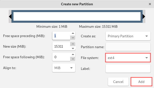 GParted new partition dialog that shows you which options to configure for the new partition. We're creating one large partition with the EXT4 file system.