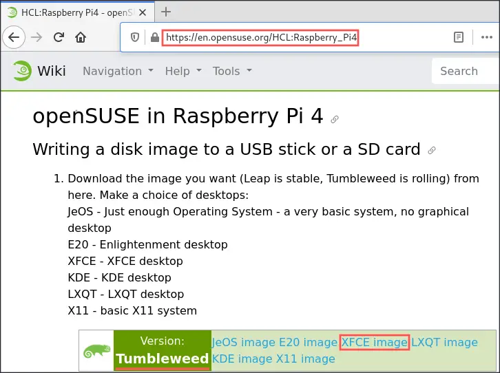 Web browser screenshot highlight where to download the openSUSE Tumbleweed XFCE image for the Raspberry PI 4. 