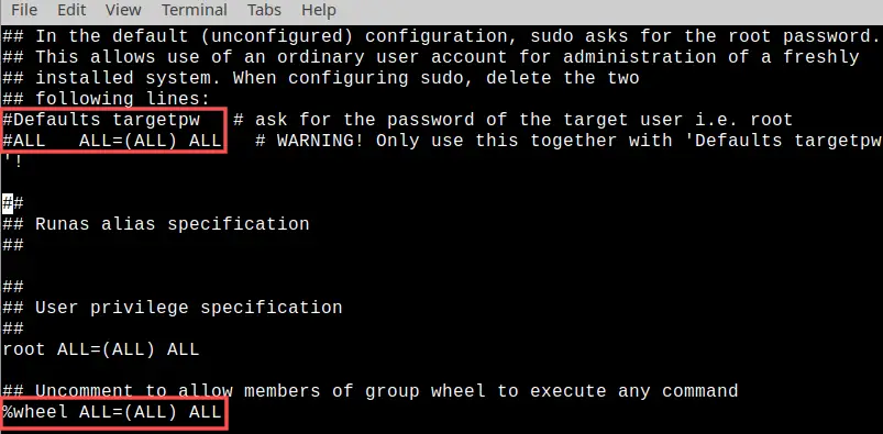 Screenshot of editing the sudoers file with the VI editor. It shows the changes that are needed, such that a user can use sudo by specifying its own password, instead of the root password.