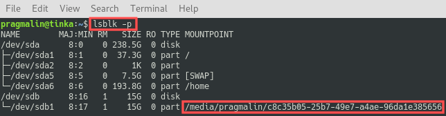 Terminal screenshot showing the output of the "lsblk -p" command. It is used to determine to which directory the USB drive was automatically mounted.