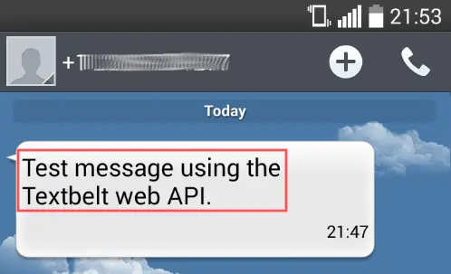 Phone screenshot that shows that the SMS message that the Python test program sent, was successfully received.