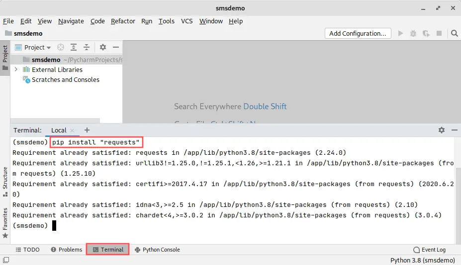 Screenshot of the PyCharm IDE, showing how to install the requests package from PyPi. The command used was: pip install "requests".