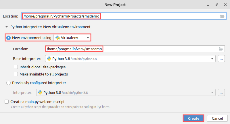 Screenshot of PyCharm's new project dialog. It shows how to create a new project called smsdemo, including the creation of a virtual environment.