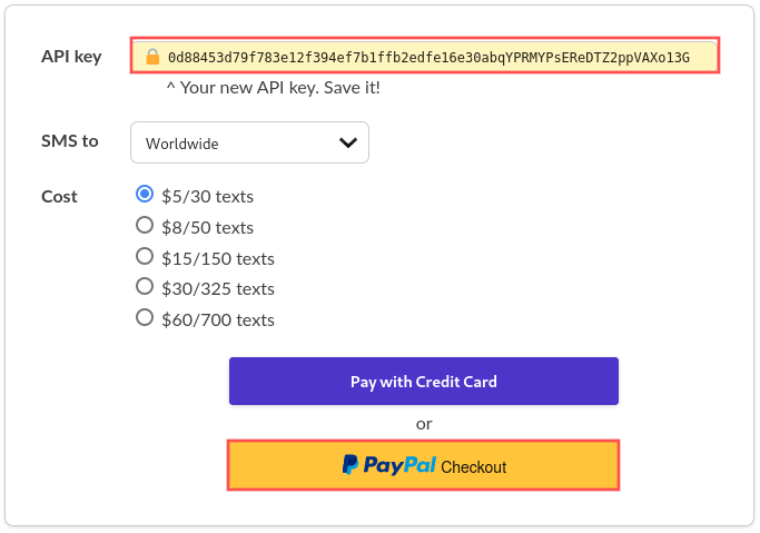 Screenshot from the Textbelt website. It shows how to create a new API key. The API key is needed to send an SMS from our Python program. Alternatively, you can use the "textbelt" API key for sending one SMS per day for free.