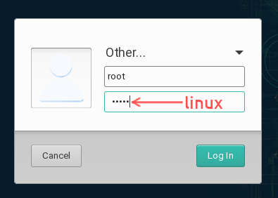 Screenshot of the LightDM login screen. On openSUSE Tumbleweed for the Raspberry PI, log in with username root and password linux.