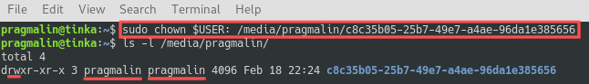 Terminal screenshot that shows you how to change the owner of the USB drive mount point to our own user. Afterwards we have full read and write access to the USB drive, which we just formatted with GParted.