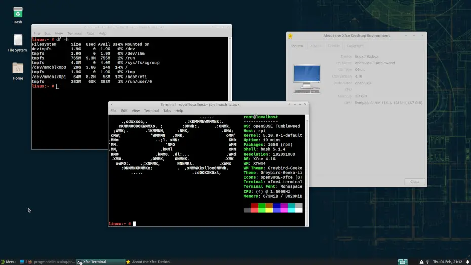 Screenshot of the XFCE desktop environment on openSUSE Tumbleweed.