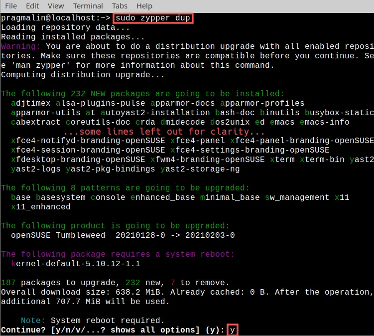 Terminal screenshot that shows you how to perform a system upgrade of openSUSE Tumbleweed on the Raspberry PI 4. The command is "sudo zypper dup".