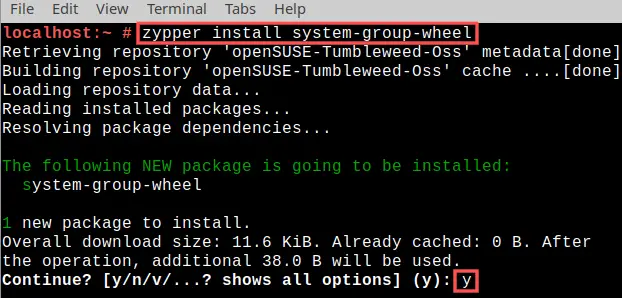 Terminal screenshot that shows how to install package system-group-wheel with zypper. This creates the wheel group on openSUSE Tumbleweed.