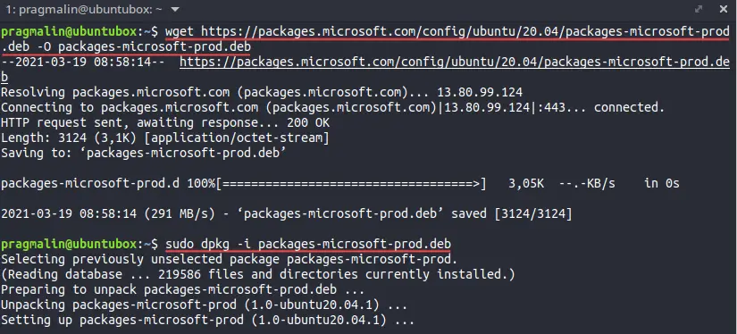 Terminal screenshot that shows how to add the Microsoft repository to APT. It is needed to be able to install the .NET 5.0 SDK later on.