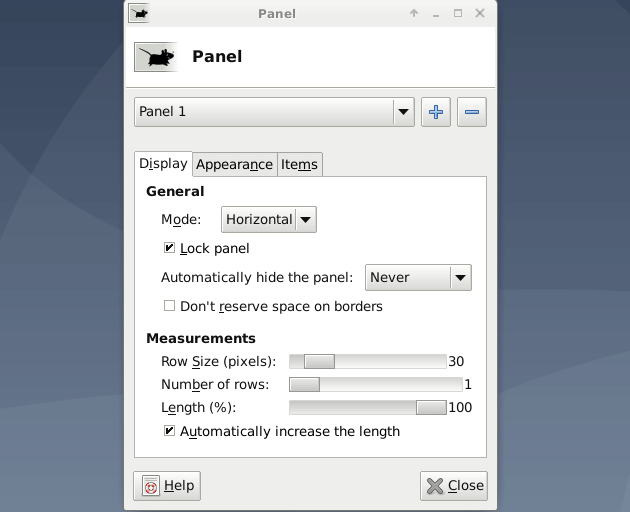 Screen animation that explains how to add the Whisker menu through the XFCE Panel Preferences dialog.