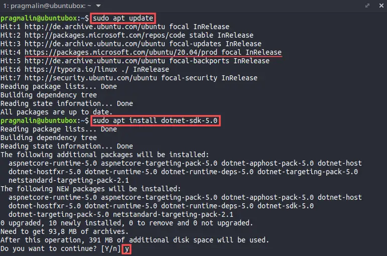 Terminal screenshot that illustrates how to install the .NET 5.0 SDK on Debian and Ubuntu.