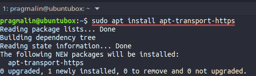 Terminal screenshot that shows how to install the apt-transport-https package. It is needed for installing the .NET SDK on  a Debian or Ubuntu based Linux system.