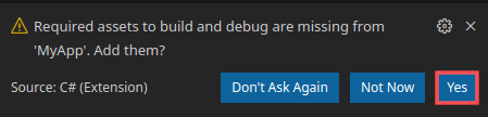 Dialog screenshot that show you to answer yes when prompted to add required assets to build and debug.