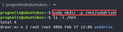 Terminal screenshot that show you how to create a mount point directory for your USB drive with the mkdir command.