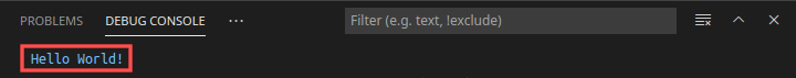 Screenshot of the Visual Studio Code Debug Console window. It shows  the output of running the Hello World C# console application.