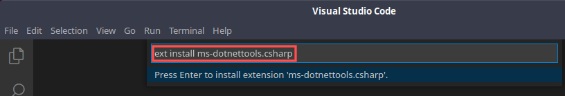 Visual Studio Code screenshot that shows how to install its C# extension on Linux.