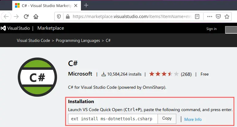 Web browser screenshot that shows you where and how to install the C# for Visual Code Extension, needed for C# development on Linux.