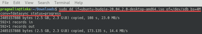 Terminal screenshot that shows how to create a bootable USB drive from a Linux ISO image, using the dd command in the terminal.