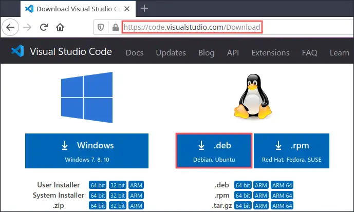 Web browser screenshot that explains how and where to download the Visual Studio Code DEB package for Debian and Ubuntu.