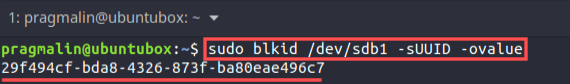 Terminal screenshot that shows you how to find the UUID of the partition on your USB drive with the blkid program.