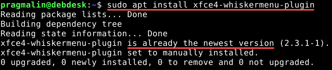 Terminal screenshot that shows how to install the package xfce4-whiskermenu-plugin on Debian and Ubuntu. This package contains the Whisker menu plugin for the XFCE panel.