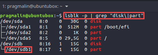 Terminal screenshot that shows the output of the lsblk command. You can use this command to figure out the device name of the partition on your USB drive.