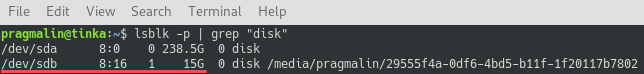 Terminal screenshot that shows the output of the lsblk command. It is used to determine the device name of the USB drive.