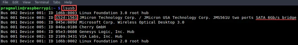 Terminal screenshot showing the output of the lsusb command. It highlights how to find the USB product identifier (PID) and vendor identifer (VID) of the SATA to USB 3.0 adapter.