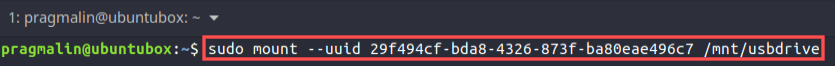 Terminal screenshot that shows you how to mount a USB drive in Linux by referencing its partition's UUID.