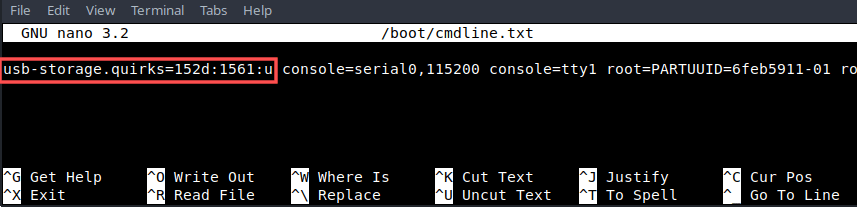 Terminal screenshot of editing /boot/cmdline.txt with Nano. The usb-storage.quirks Linux kernel command-line parameter is added as the start to disable UASP. This is needed to fix the problem with SSD on the Raspberry PI 4, connected to the USB 3 port.