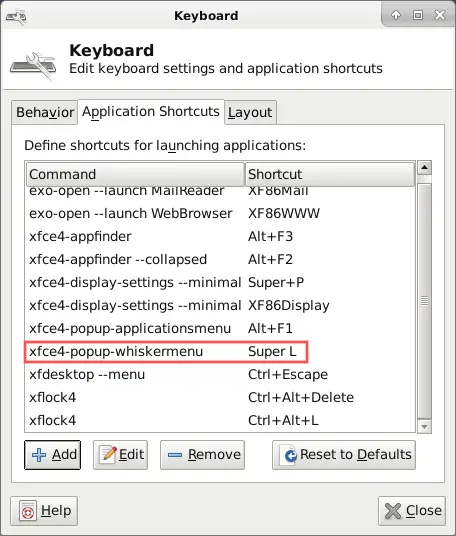 Screenshot of the Keyboard settings dialog in XFCE. In highlight how to configure the Whisker menu such that you can open it by pressing the SUPER key on your keyboard. Essentially, you add a new keyboard shortcut command called xfce4-popup-whiskermenu.