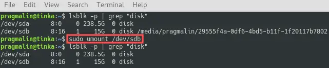 Terminal screenshot that shows how to unmount the USB drive.